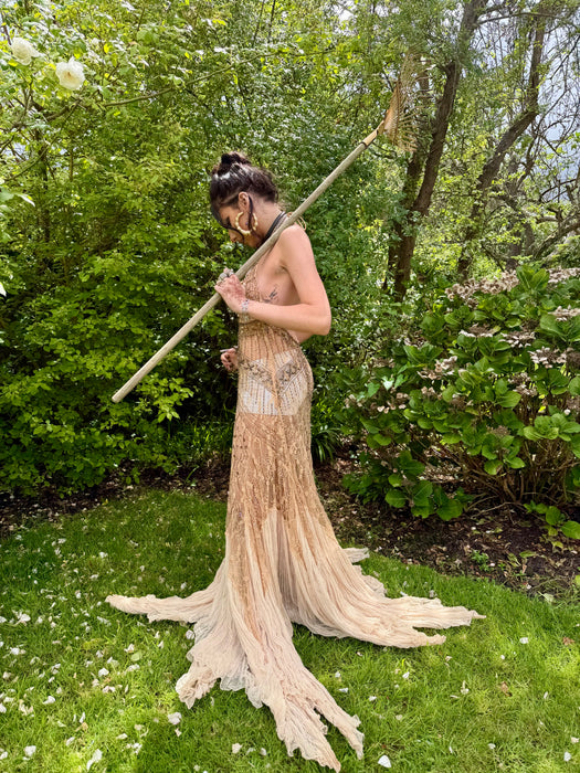 Sienna, reworked 90s beaded soft gold dress with cheesecloth inserts