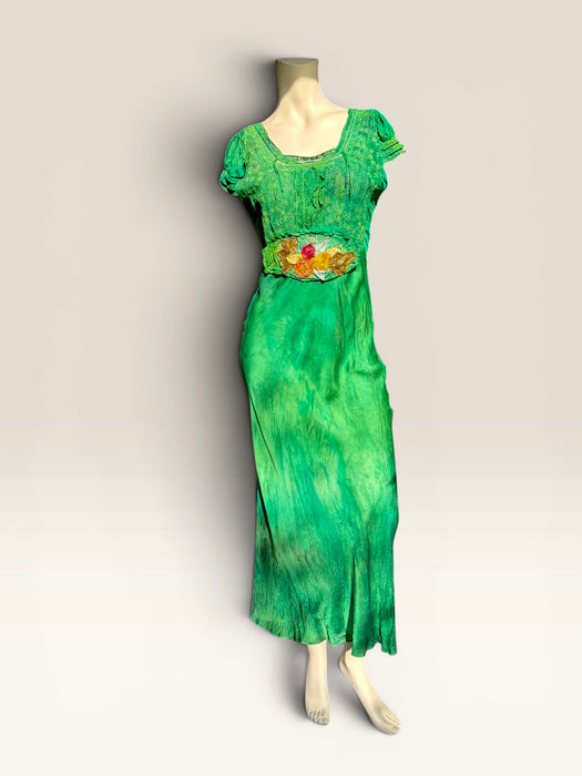 Bora, 1930s emerald green hand dyed silk bias cut dress with lace inserts and Victorian ribbon work florals
