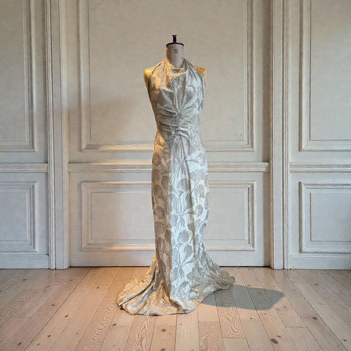 Monica, 20s silver floral lamé dress with bustle train