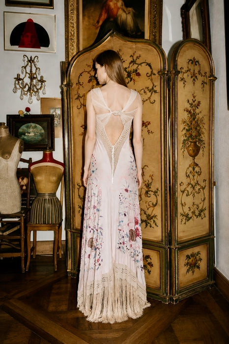 Daria, reworked bias cut cream piano shawl embroidered fringed dress