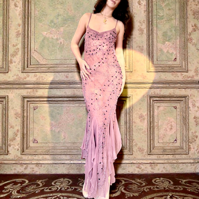 Marianne, 90s beaded antique pink silk bias cut frill dress