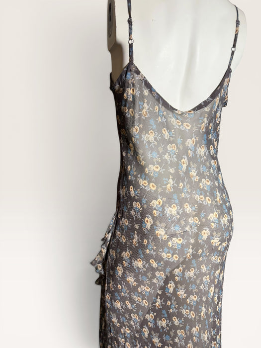 Bora, 90s silk chiffon bias cut floral, long frill dress