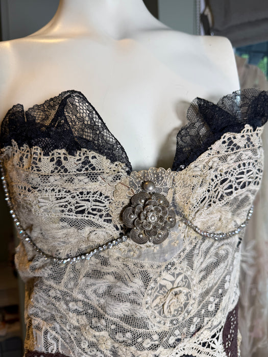 Forrest, reworked 40s boned corset with handmade Victorian lace, 20S Beading and silver Victorian filigree pendant