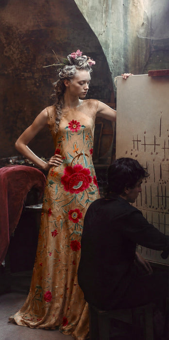 Bailey, reworked bias cut floral embroidered piano shawl dress