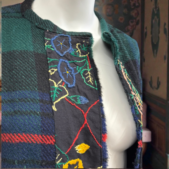 Cara, reworked 70s embroidered blanket plaid coat