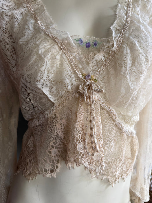 Medina, reworked 30s long sleeved French lace blouse with ribbon florals