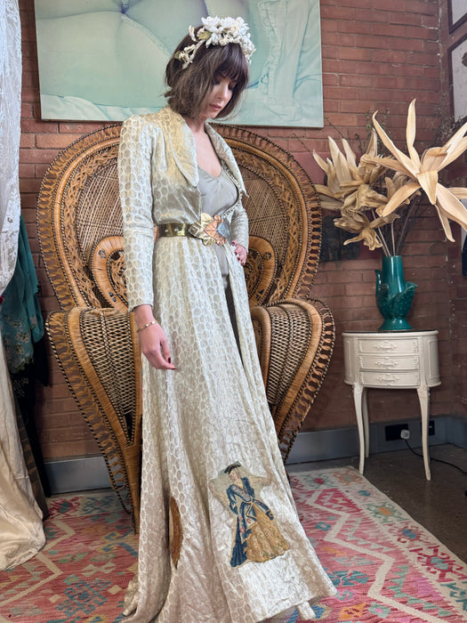Mariam, 30s embroidered silver lamé long swing coat