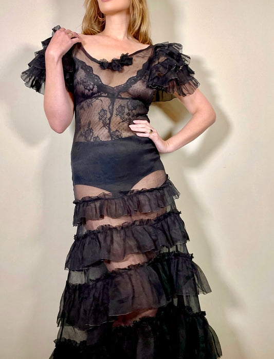 Zelda, 30s organza black tiered dress