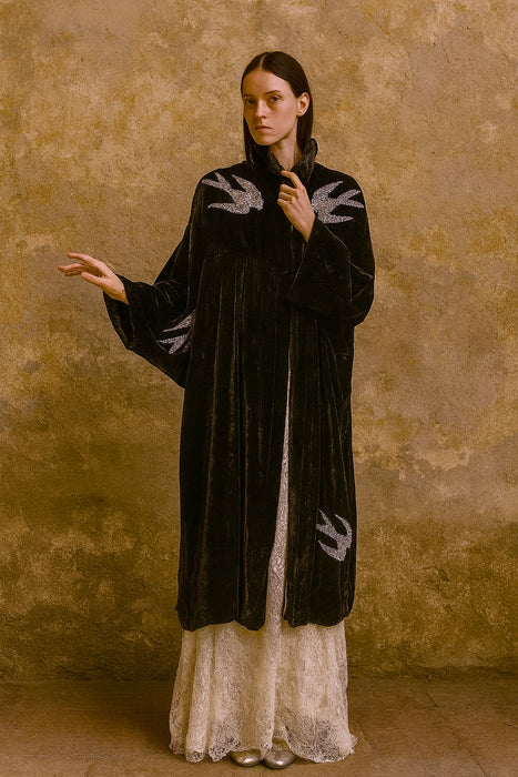 Edna, Art Deco beaded swans silk velour coat