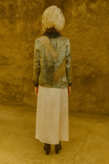 Serena, reworked 20s silver lamé and blue velvet jacket with 20s leather gloves