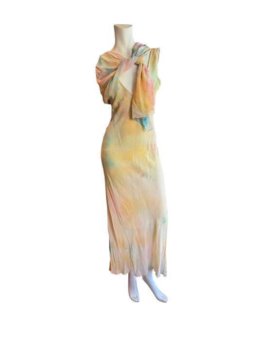 Aline, hand dyed 30s silk bias cut dress with attached belt/cape