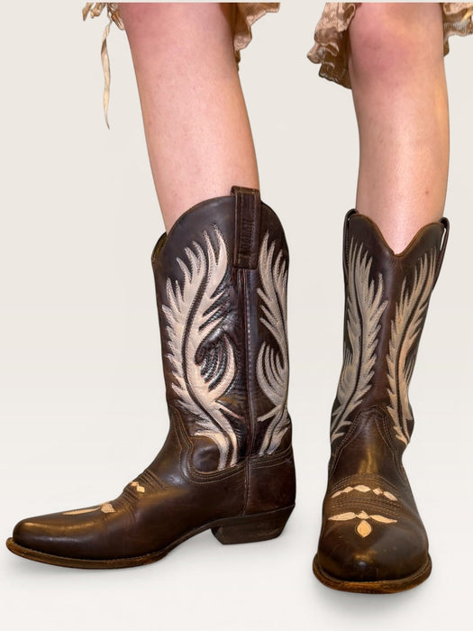 Ozark, 70s brown and cream tooled hand painted cowboy boots