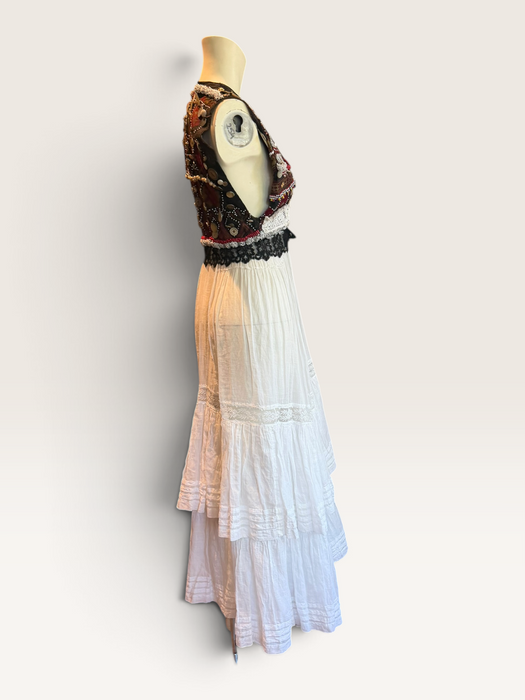 Natalia, reworked Victorian tiered skirt and Afghan beaded dress