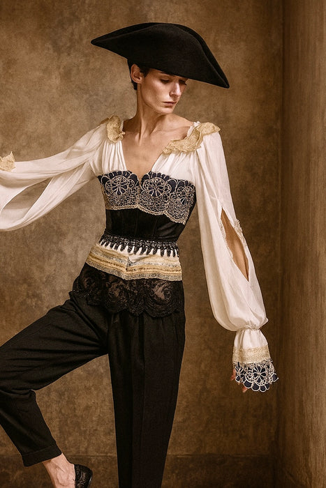 Pluto, reworked corseted lace and beaded poet blouse