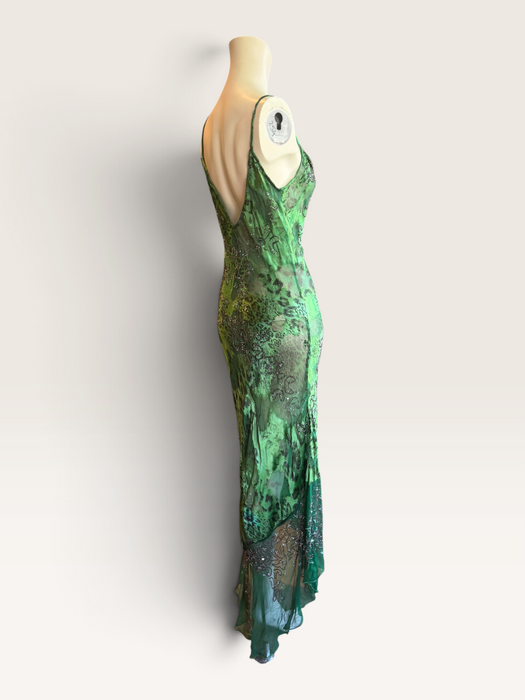 Lola, 90s beaded bias cut asymmetrical animal print dress