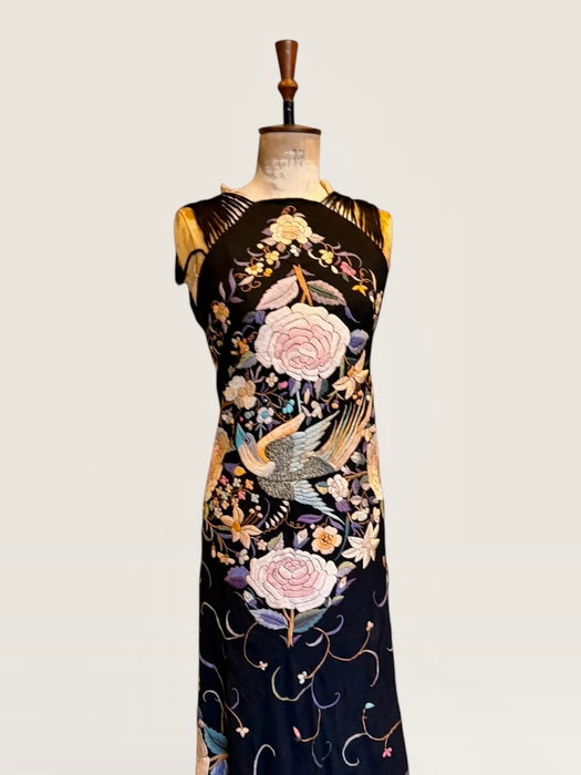 Angel, reworked 30s silk embroidered piano shawl bias cut dress
