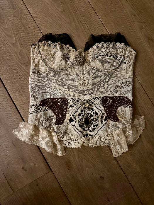 Forrest, reworked 40s boned corset with handmade Victorian lace, 20S Beading and silver Victorian filigree pendant