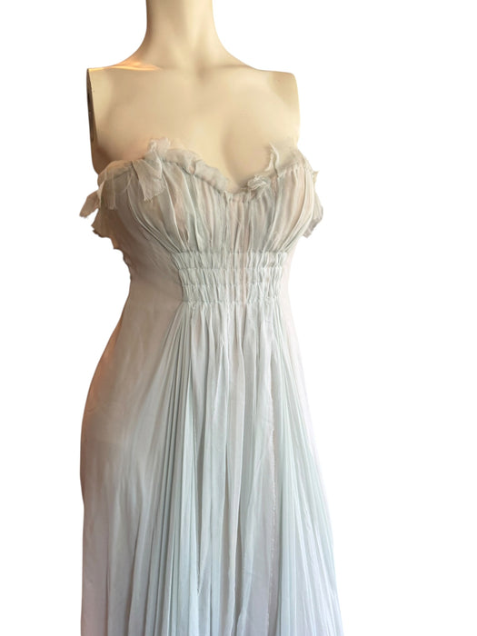 J Mendel, duck egg blue, chiffon draped corseted dress