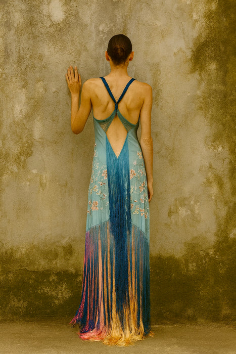 Bella, reworked blue embroidered ombré fringed dress