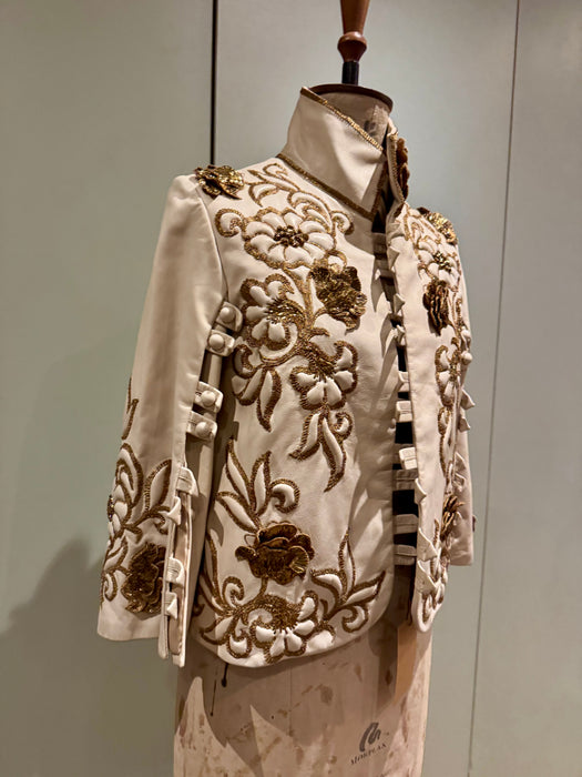 Jean-Louis Sherrer, 80s couture lather nappa cream leather jacket with gold thread quilted embroidery