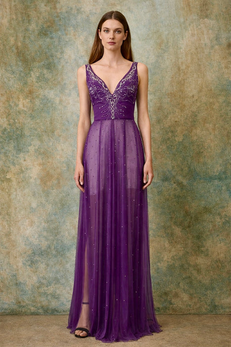 Dusty, 30s purple chiffon dress with green rhinestone and beaded front