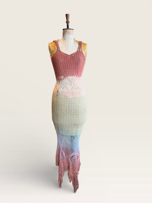 Yarn, 70s crochet hand dyed ombré fishtail dress