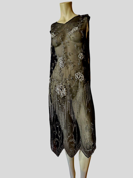 Tory, 20s black silk beaded fringed flapper dress