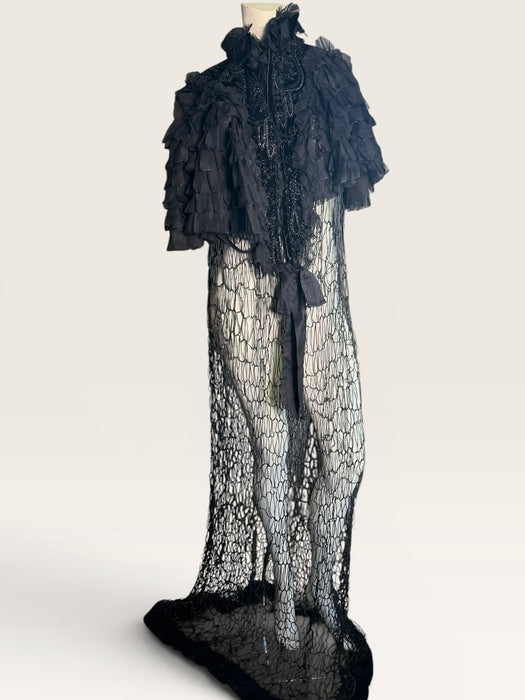 Elma, Victorian black silk ruffled cape with velour jet beaded collar