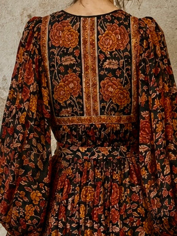 Anchor, 70s silk Indian block print balloon sleeves belted dress