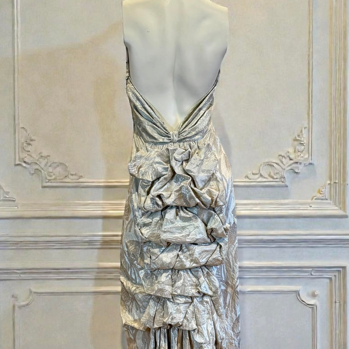 Monica, 20s silver floral lamé dress with bustle train
