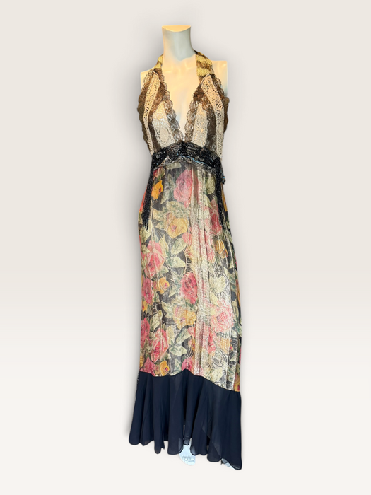 Dray, reworked 1920s floral lamé and metallic dress with glass black jet beaded fringed waistband
