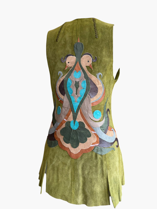 Basil, 70s olive green suede waistcoat with leather ties and handmade folk leather appliqué