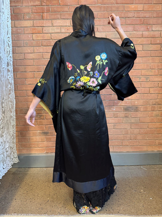 Jennifer, 40s floral black silk kimono