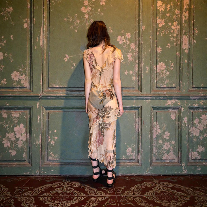 Doja, 90s chiffon bias cut floral frill dress