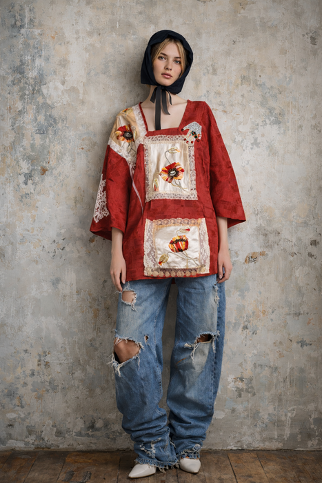 Tales, 40s a Japanese silk damask burnt orange kimono jacket with Victorian floral and lace motifs