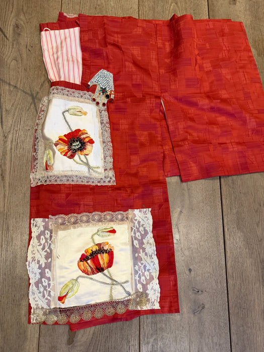 Tales, 40s a Japanese silk damask burnt orange kimono jacket with Victorian floral and lace motifs