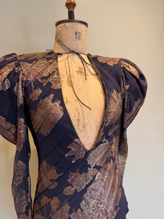 Farleigh, 30s couture silk damask mutton sleeve bias cut dress