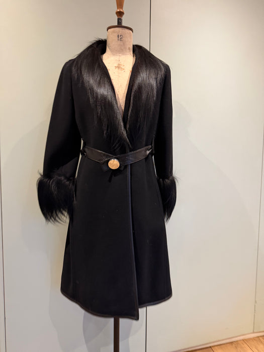 Baccarat, 70s black wool, leather and fur coat