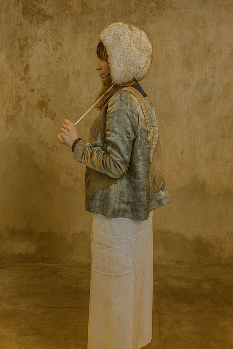 Serena, reworked 20s silver lamé and blue velvet jacket with 20s leather gloves