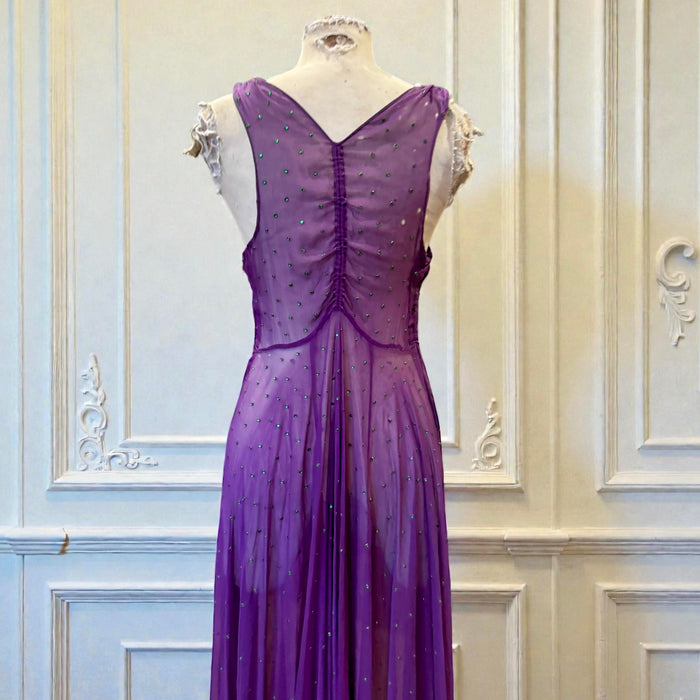 Dusty, 30s purple chiffon dress with green rhinestone and beaded front