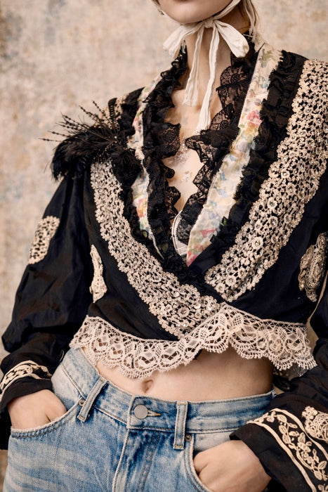 Kiki, Victorian black silk jacket with mutton sleeves, embellished with beaded lace