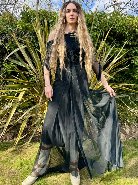 Stevie, 30s black net assymetric pleated gown