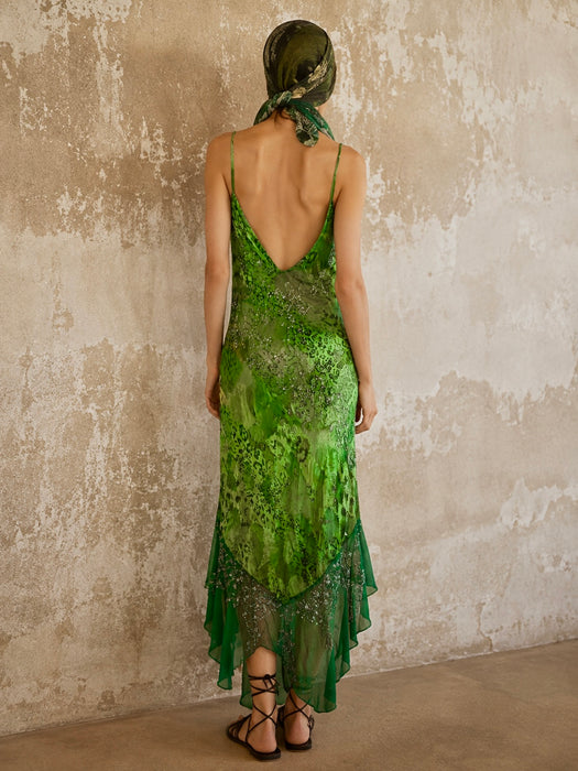 Lola, 90s beaded bias cut asymmetrical animal print dress