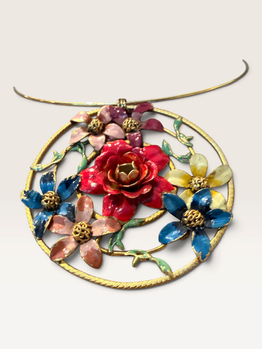 Jasmir, hand painted Victorian floral circular pendant on a thin gold choker