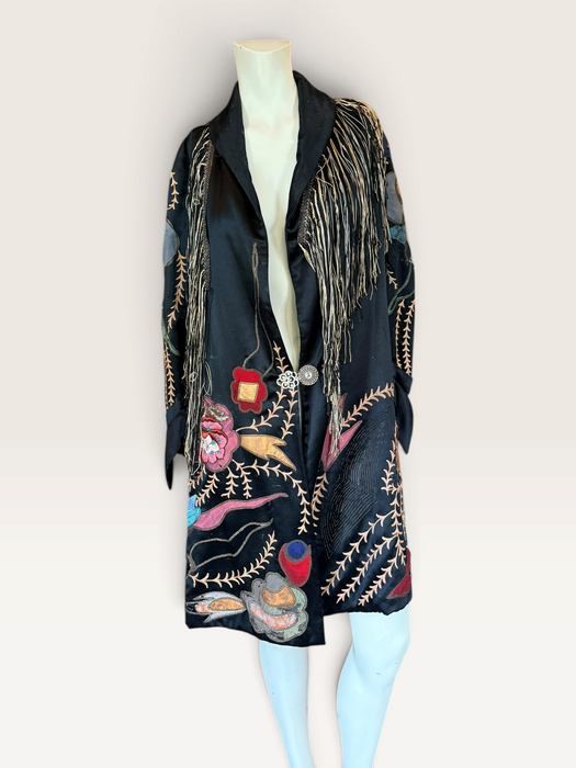 Arca, reworked Art Deco silk embroidered coat with fringing