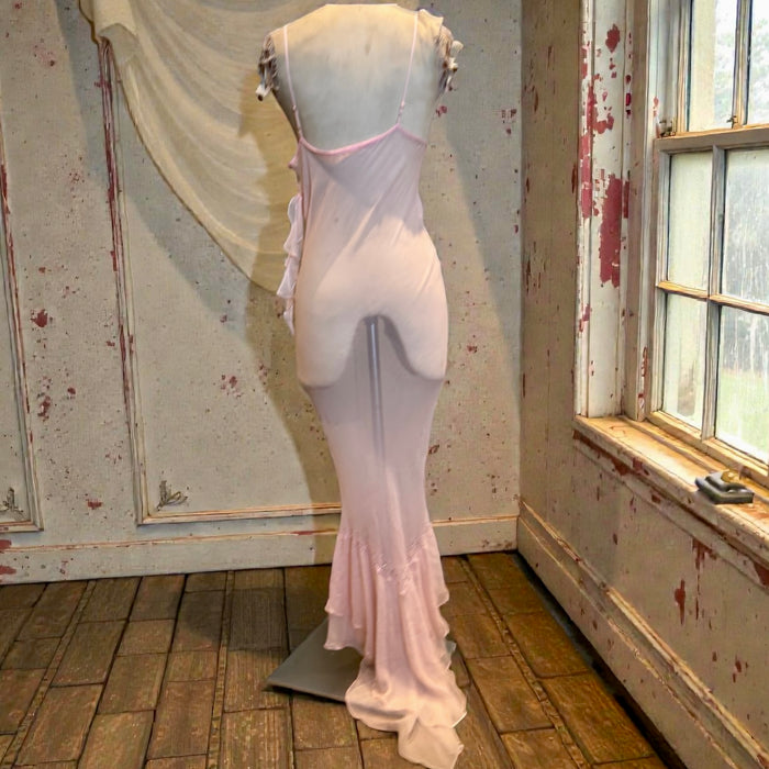 Honey, 90s pink chiffon bias cut, beaded dress