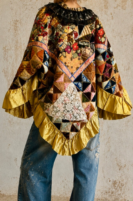 Patricia, reworked Victorian patchwork jacket with lace collar and side pocket