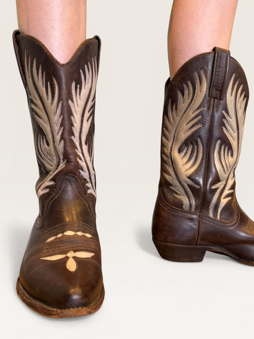 Ozark, 70s brown and cream tooled hand painted cowboy boots