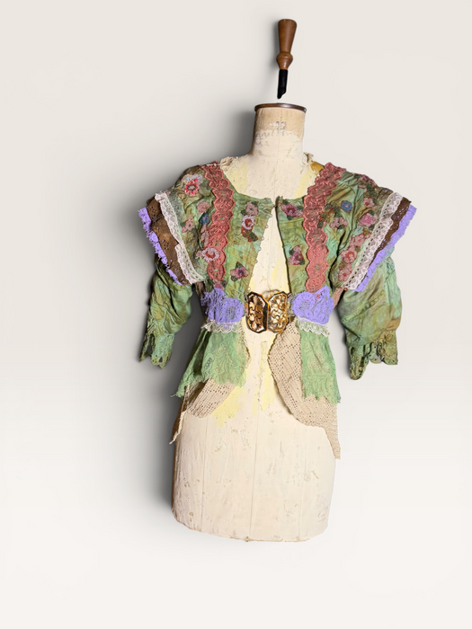 Monique, reworked Victorian hand dyed cotton and beaded lace jacket with art deco clasp