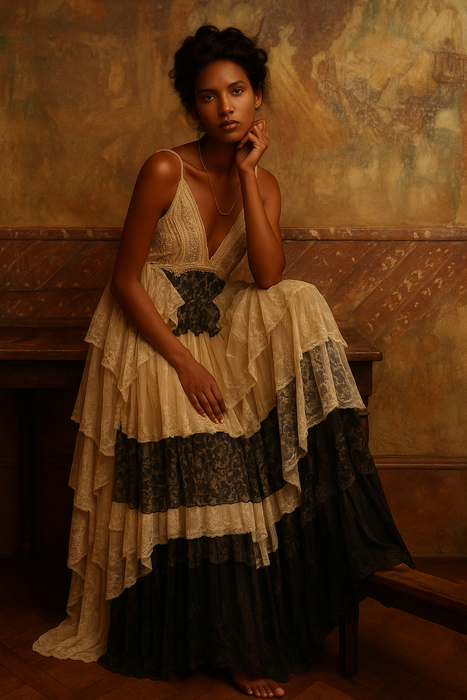Abigail, reworked antique lace and chiffon tiered dress